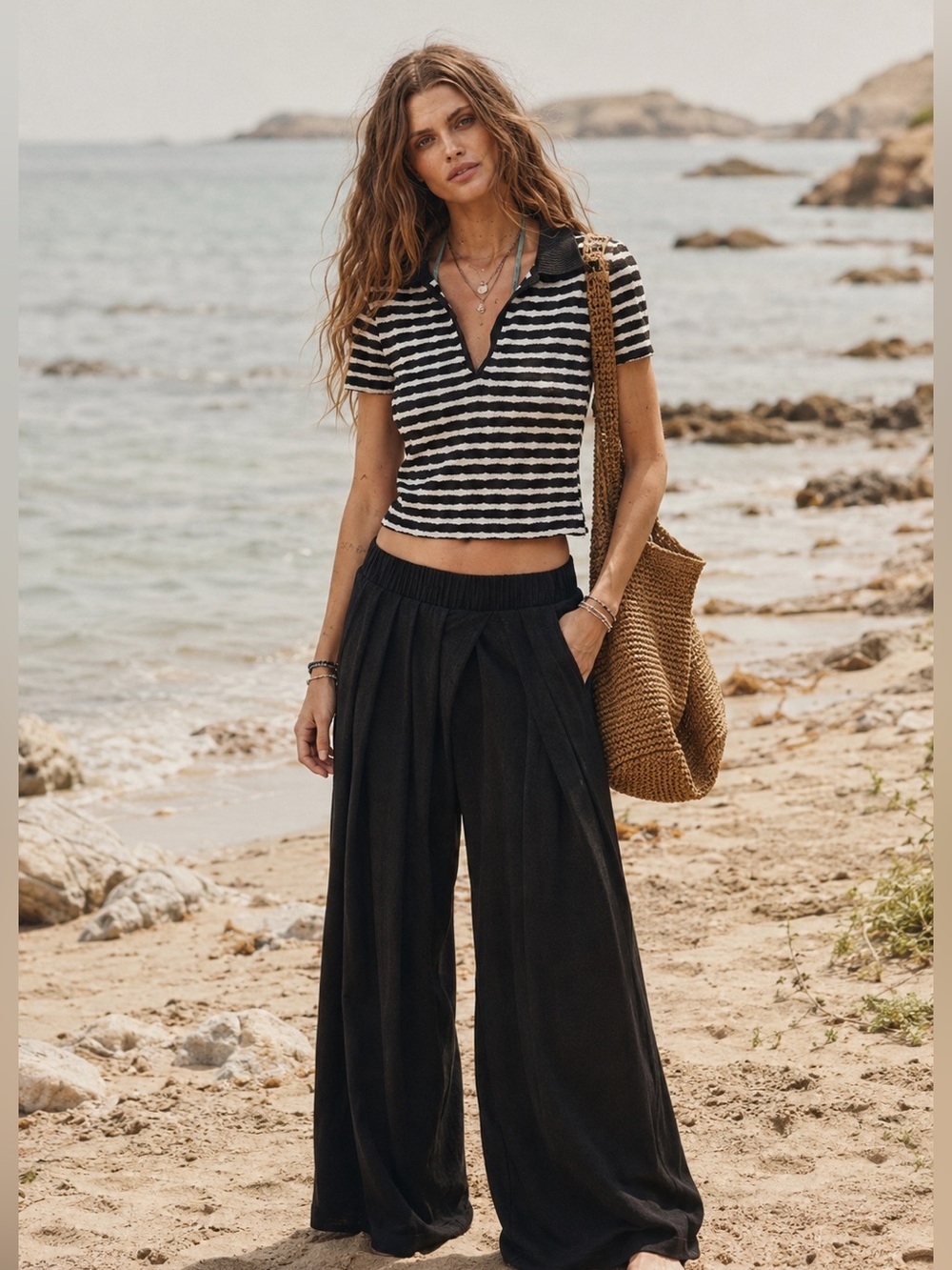 🇺🇸Firm Price🇺🇸2 pieces bundle sale wide leg pants + baby polo Tee V neck